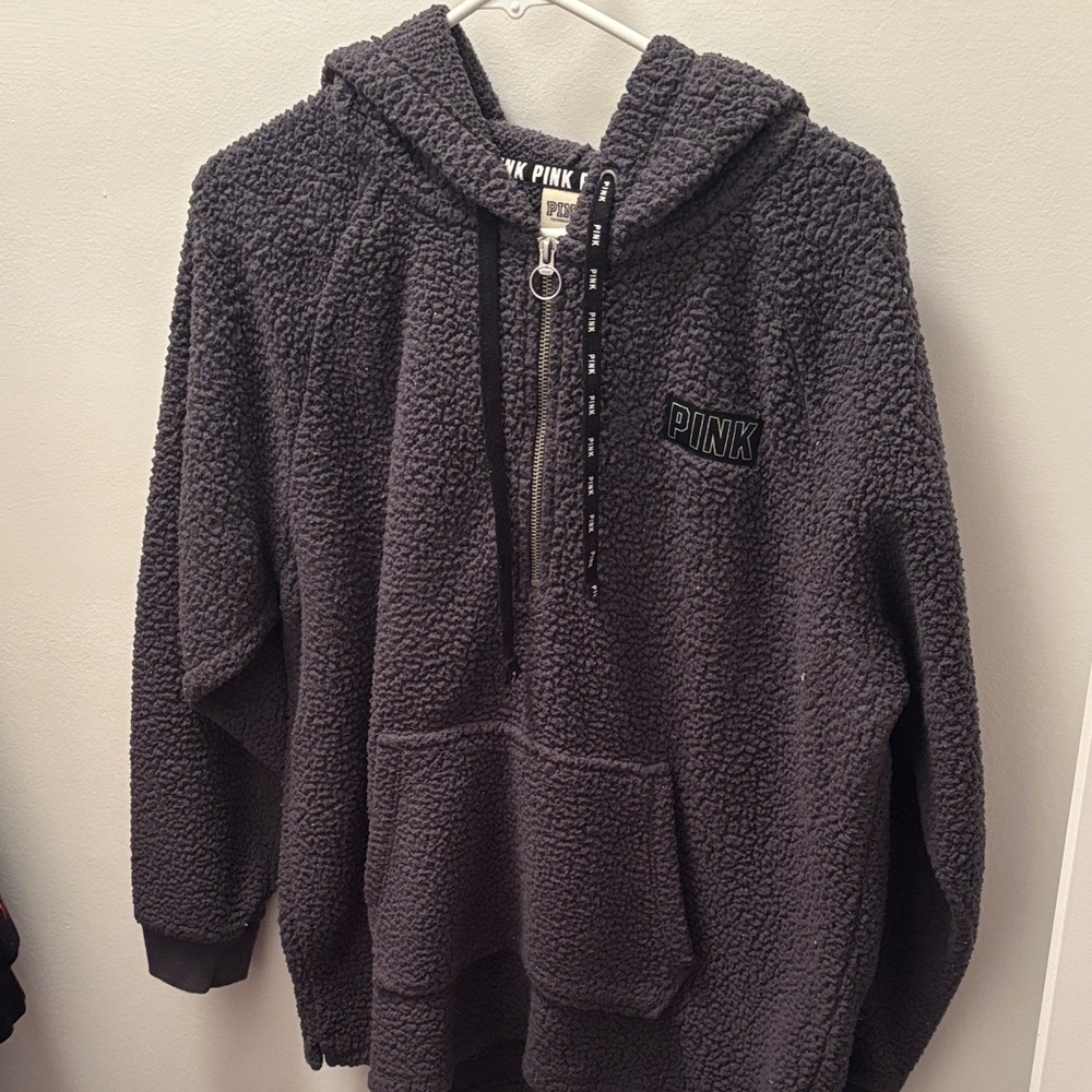 PINK Victoria's Secret Fuzzy Half-Zip Hoodie in Charcoal Gray